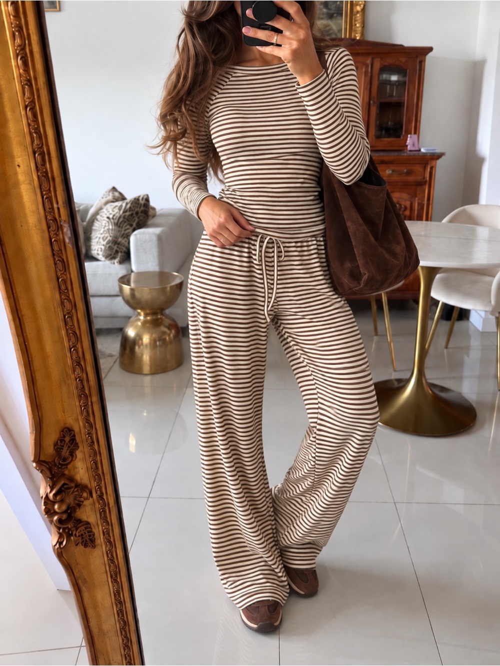 2 piece SET lounge top and pants Striped brown and white, stretchy